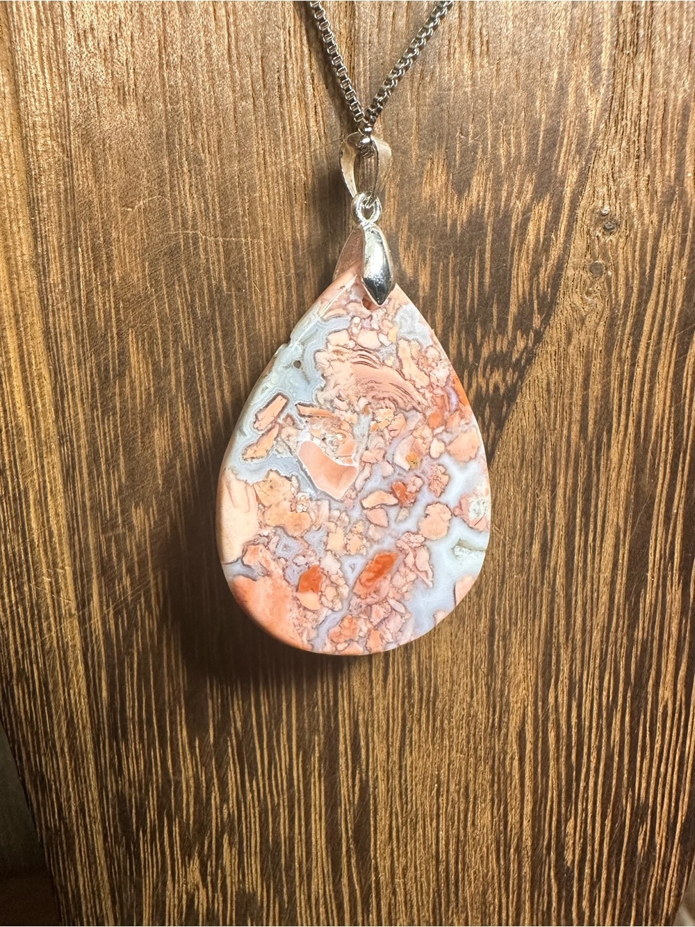 RESERVED Petal Agate Teardrop Pendant Necklace on Chain - Picture 5 of 11